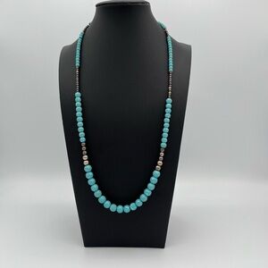 Faux Turquoise & Hematite Beaded Necklace Long Southwest Style
